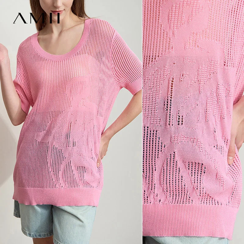 AMII Casual Summer Sweater Women 2026 Short Sleeve U-neck Plant Jacquard Hollow Flowered Wool Sweaters Woman Fashion 12552076