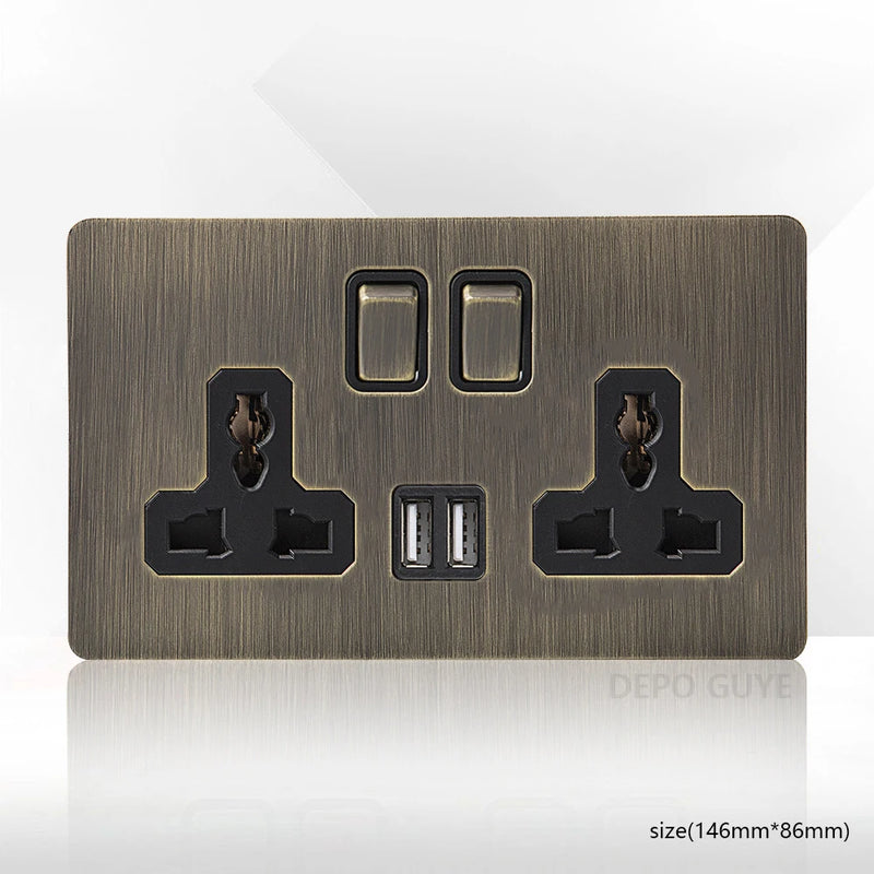 Retro Metal Brushed Antique Stainless Steel Push Button Switch Panel UK 13A Socket with USB Phone Charging for Home Improvement