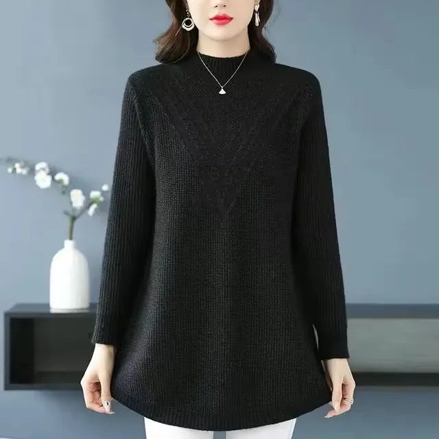 Mother Long Sleeve Casual Long Wool Sweaters New Autumn Winter Large Size Women Pullovers Fashion Half Turtleneck Knitted Dress