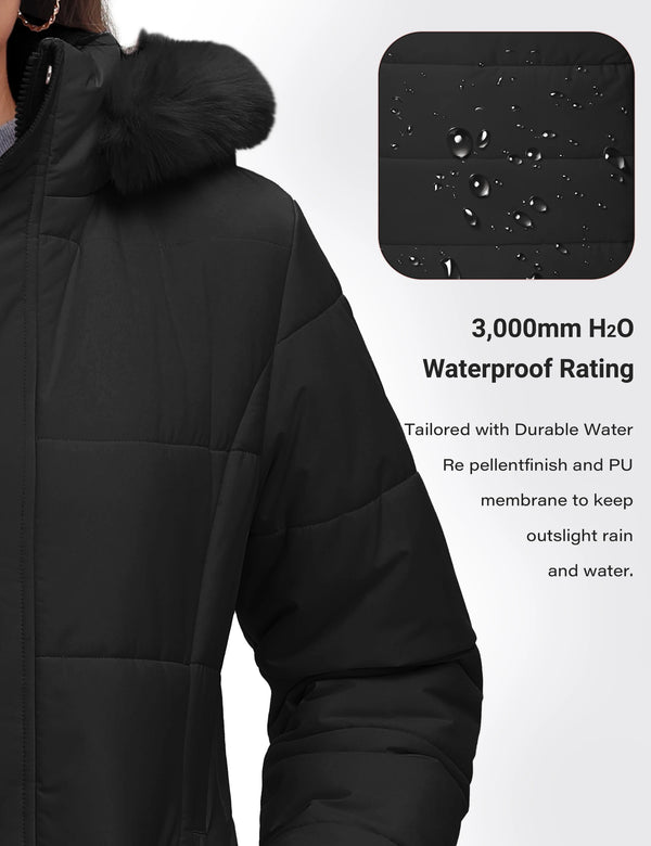 TACVASEN Womens Waterproof Long Parka Coat Shearling Fleece Lined Winter Warm Outdoor Coat Removable Hooded With 3 Pockets Coat