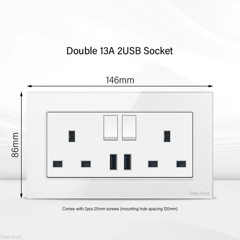 UK Standard 18W Type-C Fast Charging Universal Dual 3pin Power Outlet,White Tempered glass Wall light Switch Panel  For Home