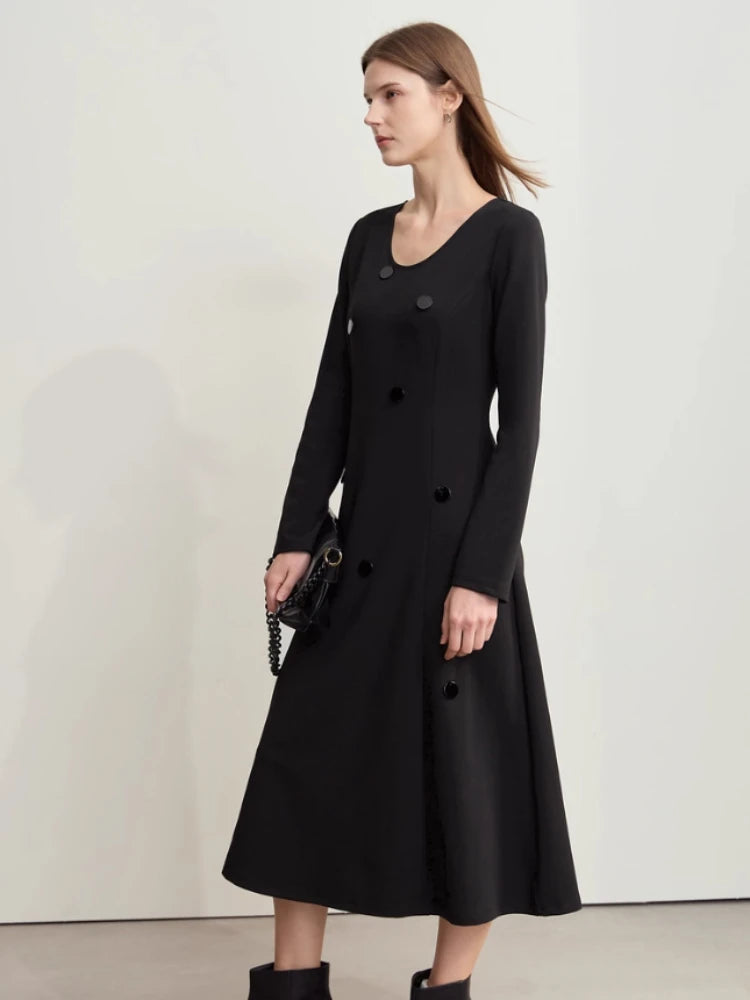 Amii Minimalism Dresses for Woman 2026 Autumn New Casual U-Neck Long Dress Retro Elegant Slim Knitting Female Dress 12453032