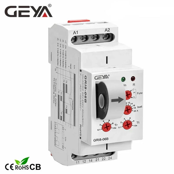 រេឡេឧបករណ៍ចាប់សញ្ញាចរន្ត DC GEYA GRI8-06 ទទឹង 18mm 2CO 8A រេឡេសាកល្បងចរន្ត AC/DC ជួរធំទូលាយ 24V-240V