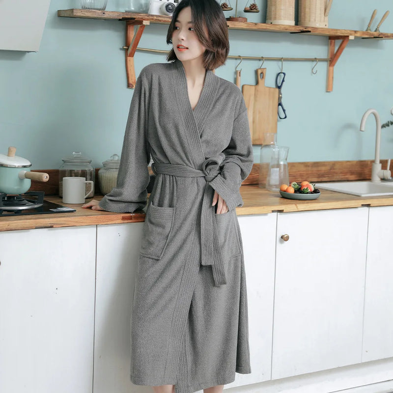 New Arrival Long Sleeve Men Women Bathrobe 2026 Spring Autumn V-Neck Couple Robes Lounge Wear Sleepwear Pure Color Loungewear