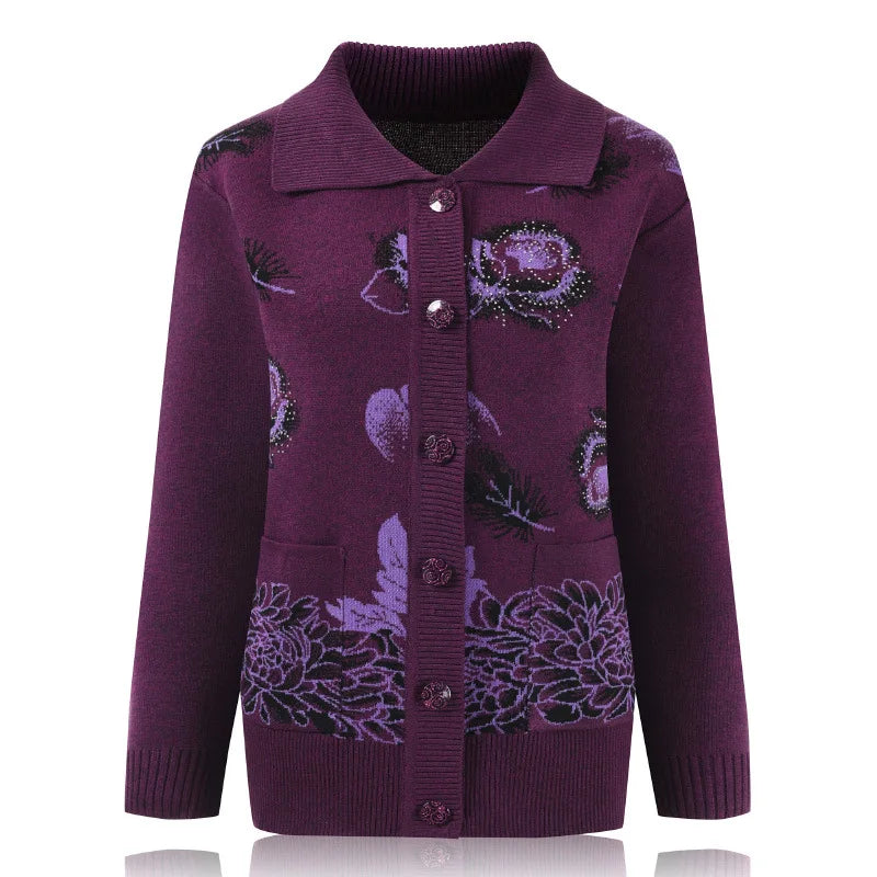 Fdfklak Middle-Aged Elderly Women Knitted Lapel Cardigans Mother Printed Buttons Sweater Spring Autumn Grandma's Clothes