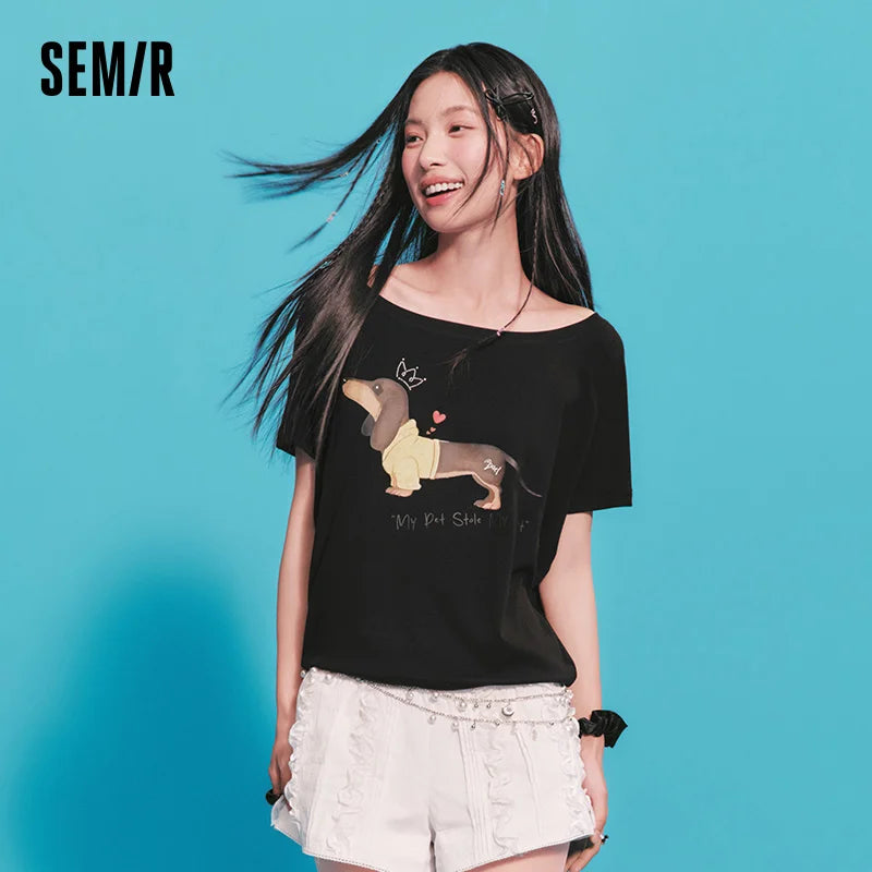 Semir Womens Tshirt 2026 Dog Printed Oversized Raglan Sleeve Slash Neck Petite Style Casual