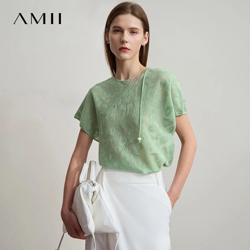 អាវយឺតរដូវក្តៅធម្មតា AMII សម្រាប់ស្ត្រីឆ្នាំ ២០២៥ អាវដៃខ្លីផ្កា Jacquard Lace ប៉ាក់សម្រាប់ស្ត្រី អាវយឺតម៉ូដរលុង 12542232