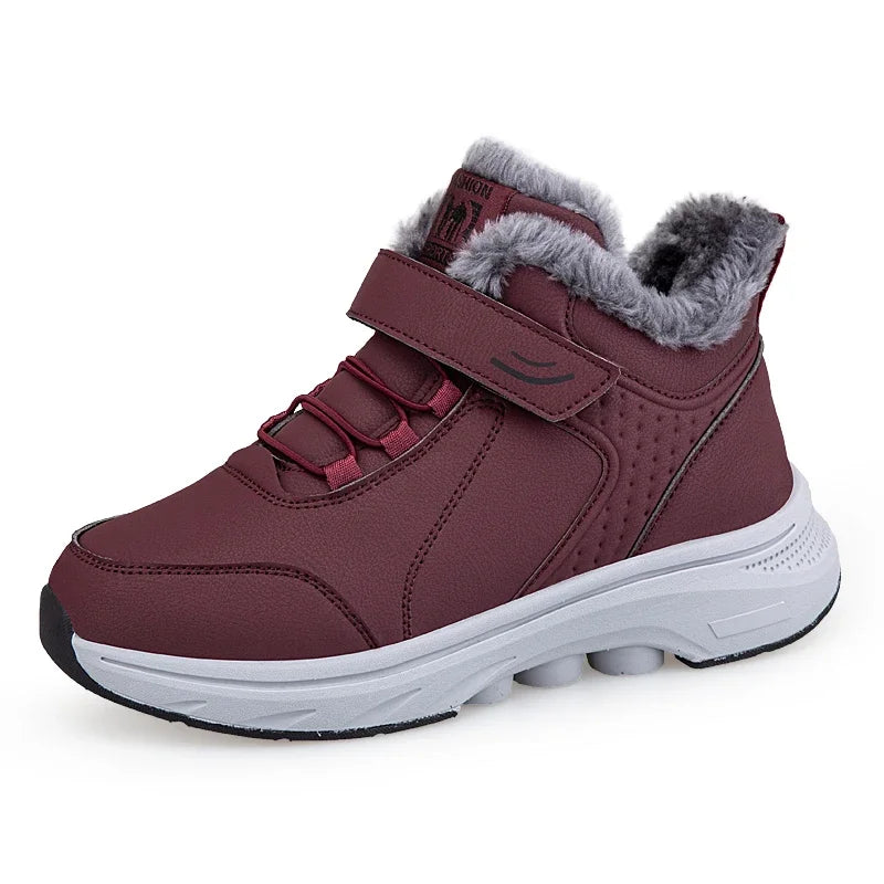 Winter Plush Lined Elderly Shoes PU Leather Non-Slip Rubber Adjustable Strap Warm Snow Boots Comfort Walking Shoes for Elderly