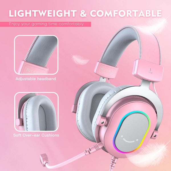 កាសស្តាប់ត្រចៀក FIFINE Gaming Headset ជាមួយ RGB/7.1 Surround Sound/MIC/Line Control, កាសស្តាប់ត្រចៀក USB សម្រាប់ Gamer/PC/PS4/PS5 Ampligame H6P