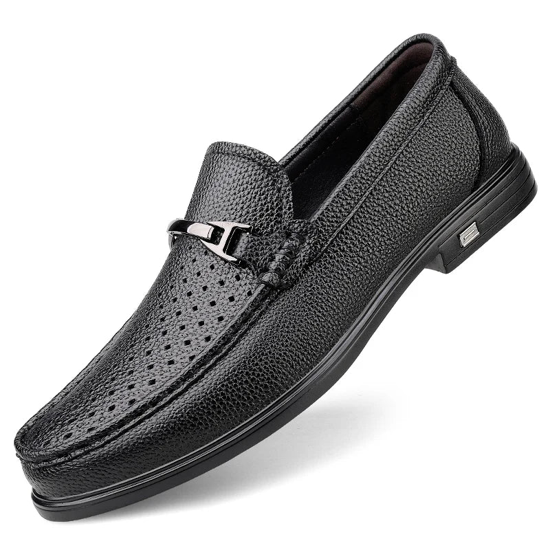 Men Hollow‑out Loafers Thin Leather Slip‑on Dress Shoes Breathable Moccasins Metal Decoration Casual Business Driving Shoes