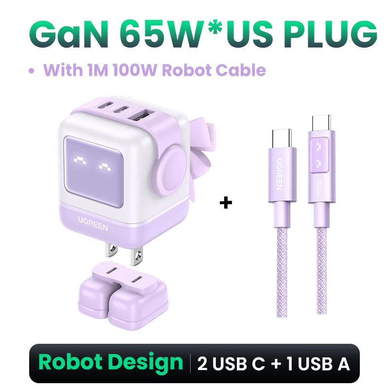 【US Plug】UGREEN 30W 65W GaN Charger Robot Design PD3.0 Fast Charger PPS for iPhone 18 17 Macbook Laptops Samsung XiaomiTablets