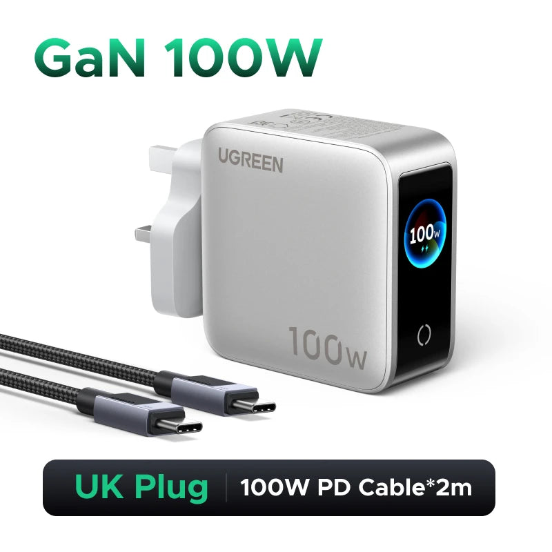 UGREEN 100W GaN Charger With Smart Display QC4.0 PD 3.0 USB C Charger For MacbookPro Laptop iPhone 18 17 Pro iPad Tablet Samsung