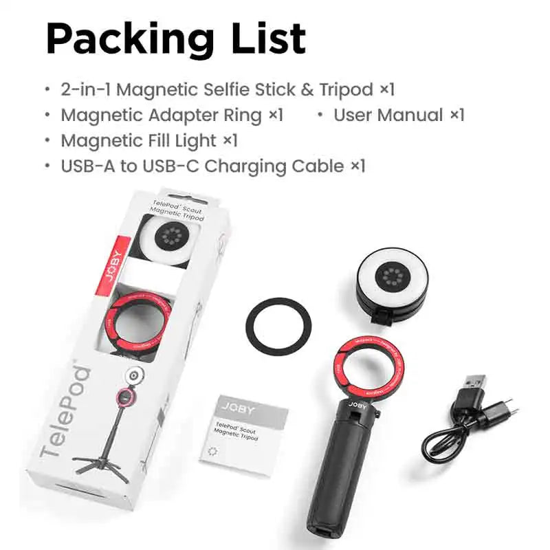 ឈុតជើងកាមេរ៉ាម៉ាញេទិក JOBY TelePod® Scout TP08 ជាមួយដំបង Selfie សម្រាប់ iPhone 17 16 15 14 ជើងកាមេរ៉ាអាចលៃតម្រូវមុំបាន