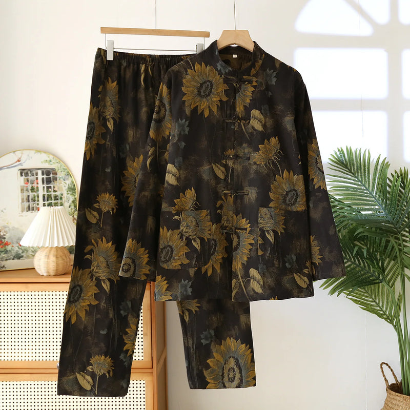 Retro Floral Pyjama Couple Homewear Autumn Sleepwear Cotton Long Sleeve Loungewear Sets Women Pajama Set 2-Piece Home Wear