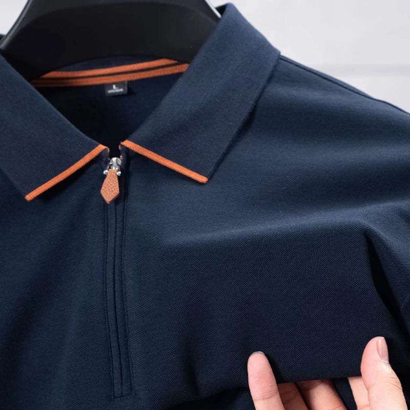 Cotton Blend Zip-Up Polo Shirt - Navy Blue with Orange Trim  Moisture-Wicking Athletic Style Business Casual Long-sleeved Shirt