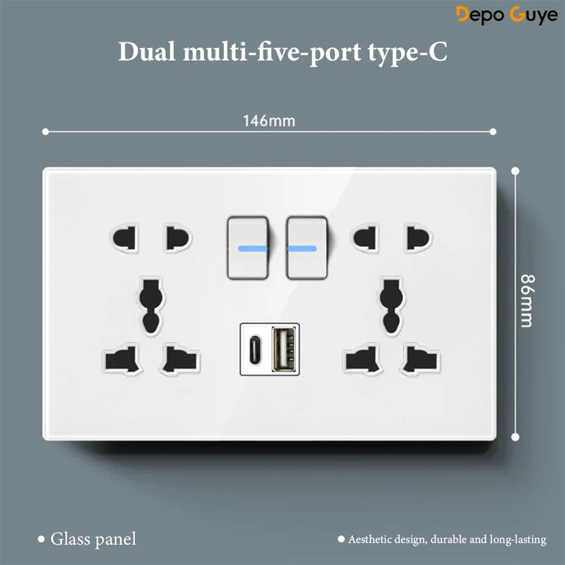 White UK 230V Tempered Glass Touch Light Switch Socket LED Wall Panel Smart Home Switches Socket Manufacturer Wholesale Supplier