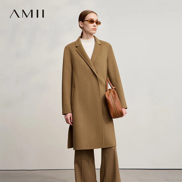 AMII Minimalist Woolen Coat 2026 Winter New Loose Solid Color Versatile Women's Clothing Wool Long Sleeves Coat Women 12524044