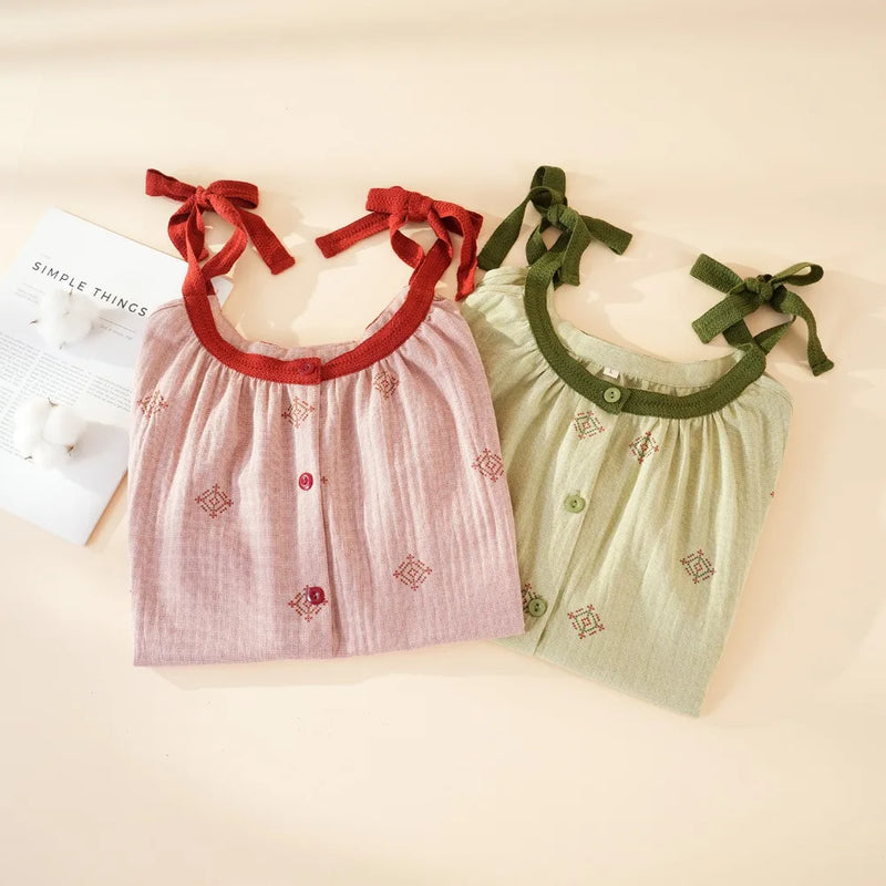 Retro Nightgowns Woman Sleep New Summer Sleepwear One Piece Dress Pure Cotton Thin Sleeveless Pajamas Dress Night Wear Ladies