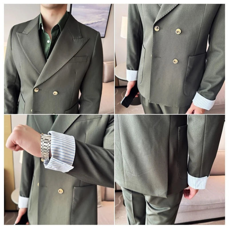 Men's Fashionable Thin Suit Jacket,  Fake Two-Piece Design, Cuffed Sleeves with Striped Turn-ups~ Trendy
