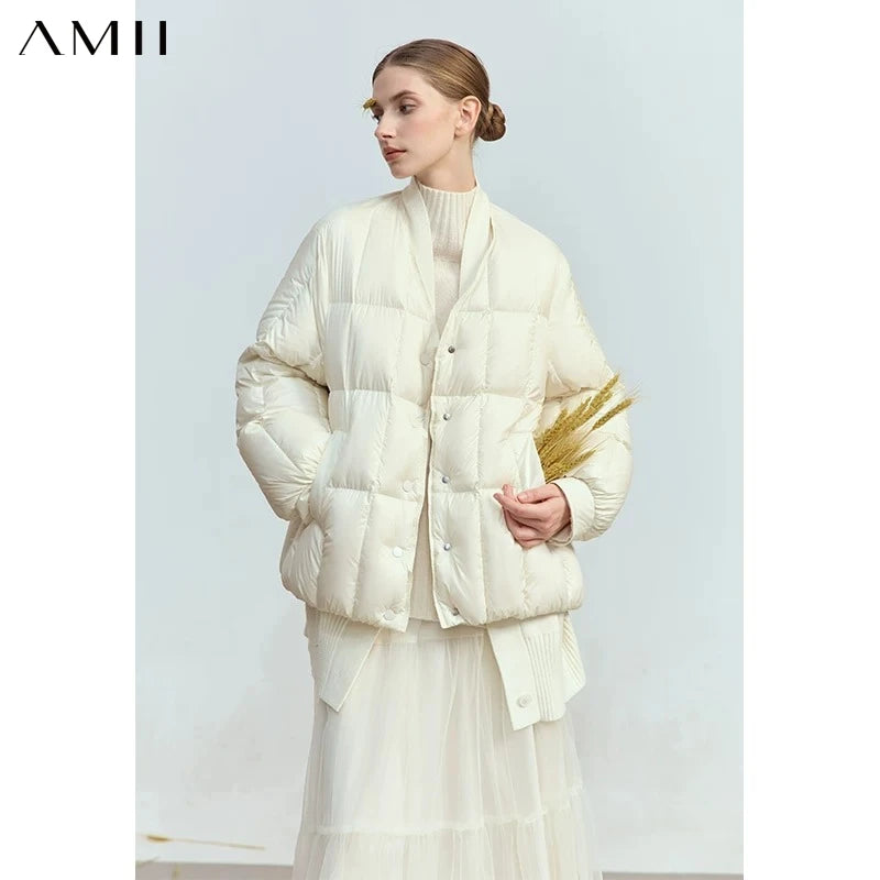 AMII 2026 Winter New Women's Shoulder Sleeves Thickened Collision Material Splicing Wool Fake Two-piece Down Jacket 12444054