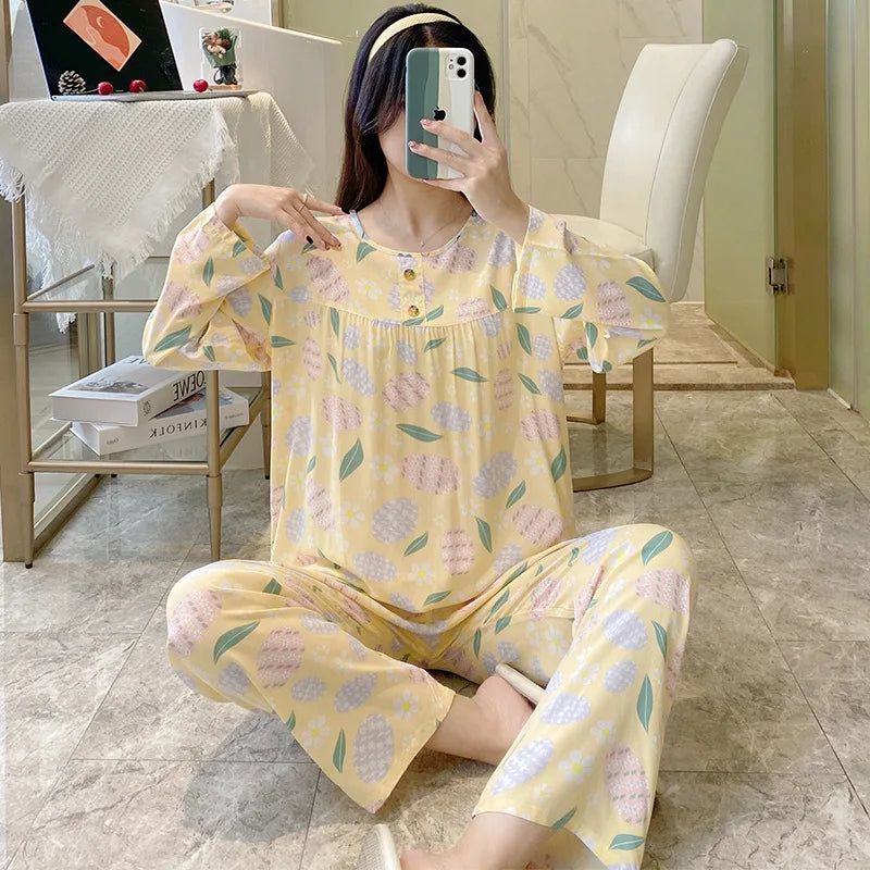 Cotton Rayon Pijamas Set For Women New Printed Spring Autumn Pajamas Female Loungewear Large Size Sleepwear пижама женская