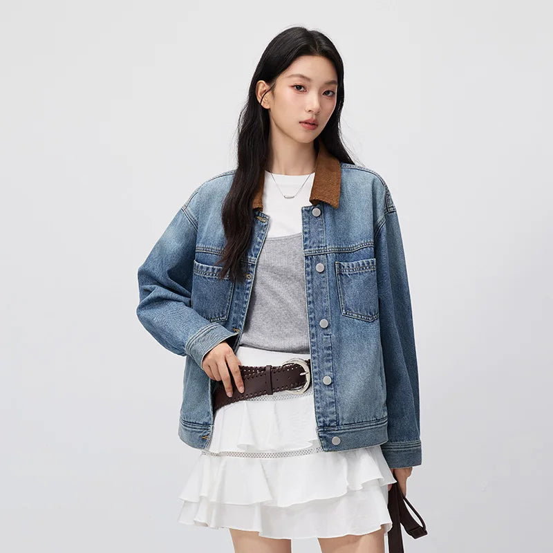 Semir Women Jacket Denim Distressed Turn Down Collar Drop Shoulder Loose Fit 2026 Autumn Vintage Streetwear Outerwear