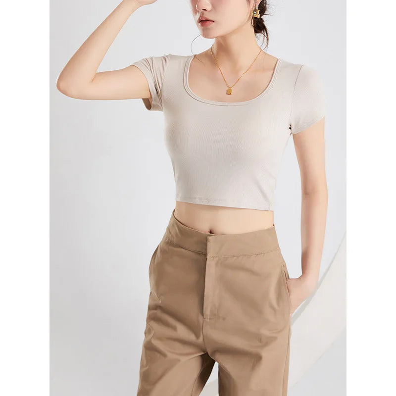 New Square Collar Bra Cup Integrated Slim Modal Sleepwear Vest One Piece Pajamas Women Comfortable Bottom Short Sleeve T-shirt