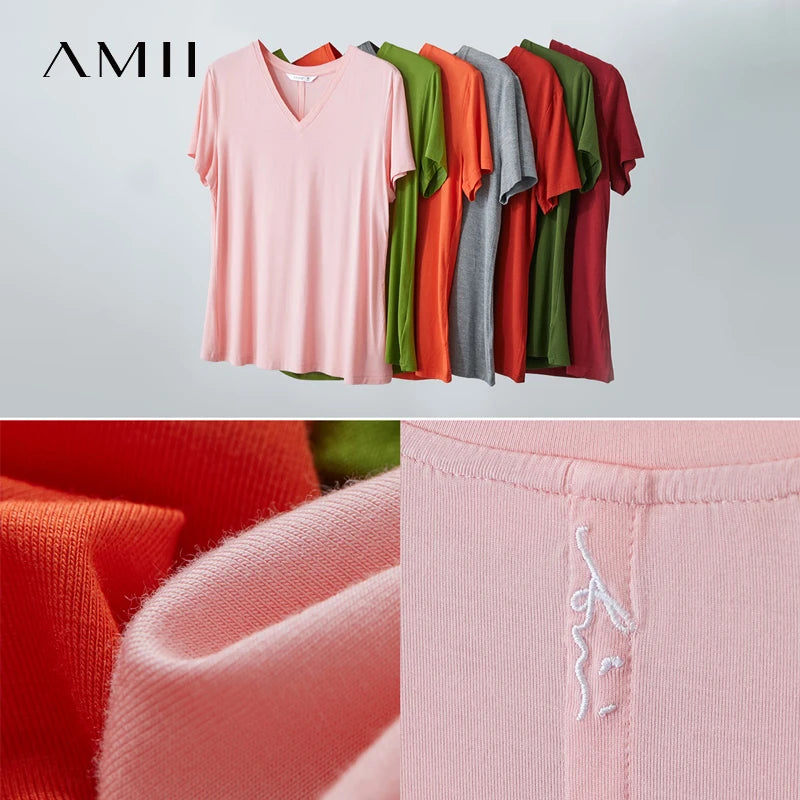 អាវយឺតរដូវក្តៅធម្មតា AMII សម្រាប់ស្ត្រី 2026 ក V ដៃខ្លី អាវប៉ាក់ស្តើង ម៉ូដសម្រាប់ស្ត្រី 12522139
