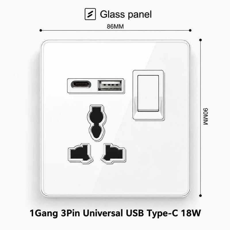 White Tempered Glass 2Way Wall Light Switch, UK Wall 18W Type-C Fast Charging USB Socket, Universal Electrical Outlet Plug 220V