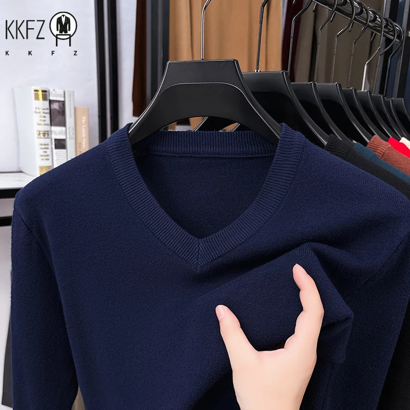 Classic V Neck Knitted Top Men Long Sleeve Smooth Knit Rib Trim Suitable For Layering Everyday Casual Look