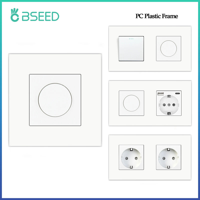 BSEED Rotary Switch LED Dimmer Light Switch With 1/2/3Gang Button Light Switch EU Wall Power Socket PC Plastic Frame