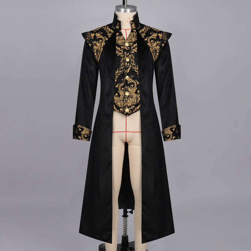 Steampunk-style Men's Black Long Jacket, Halloween-themed Red Trench Coat, with Gold Embroidery Accents.