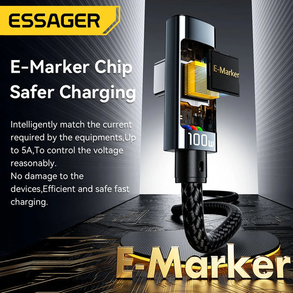 ខ្សែសាក Essager PD100W USB Type C ទៅ USB C 5A ខ្សែសាកលឿន 90° LED ឌីជីថល សម្រាប់ Huawei Xiaomi Samsung MacBook