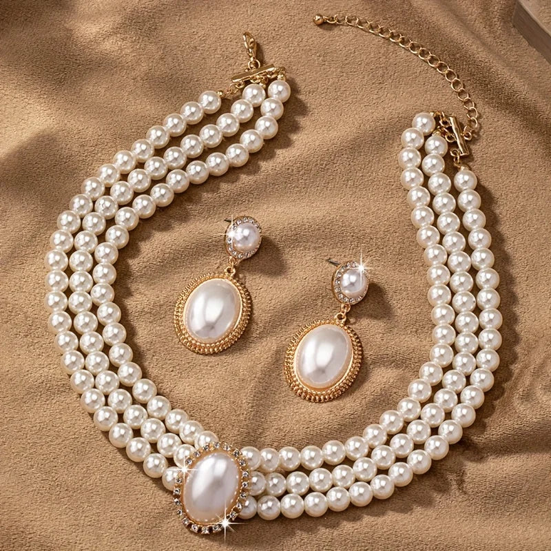 Stylish Imitation Pearl Necklace and a Pair of Stylish Imitation Pearl Pendant Earrings for Women's Set