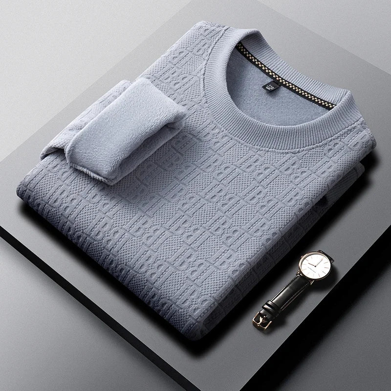 Men Thick Fleece Lined Knit Pullover Long Sleeve Crew Collar Full Embossed Letter Relax Fit Daily Wear Top