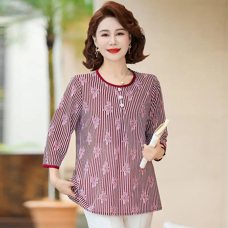 សម្លៀកបំពាក់ស្ត្រីវ័យកណ្តាល អាវយឺតដៃបីភាគបួន ឆ្នូតឆើតឆាយ រដូវក្តៅ អាវយឺតក O ធម្មតា អាវខ្លីរលុង សម្រាប់ស្ត្រី