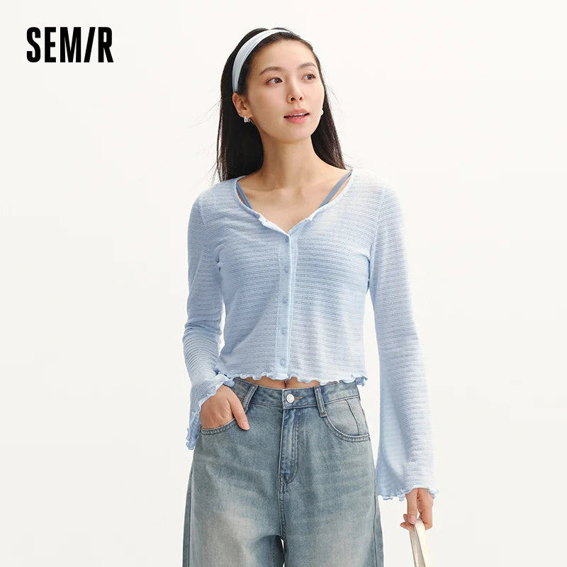 Semir Women Tshirt Textured 2026 Jacquard Slim Fit Ruffle Trim Knitted Crew Neck Urban Casual Everyday Style Soft