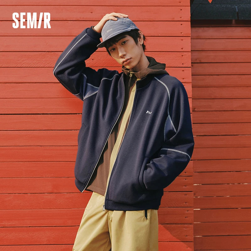 Semir Color Block Jacket Unisex 2026 Spring Knitted Stand Collar Loose Sporty Casual Versatile Fashion Daily Wear Top