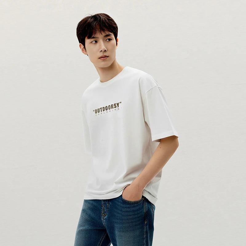 Semir Men Tshirt Letter 2026 Print Knitted Loose Fit Crew Neck Urban Casual Everyday Style Soft Comfortable Daily Wear