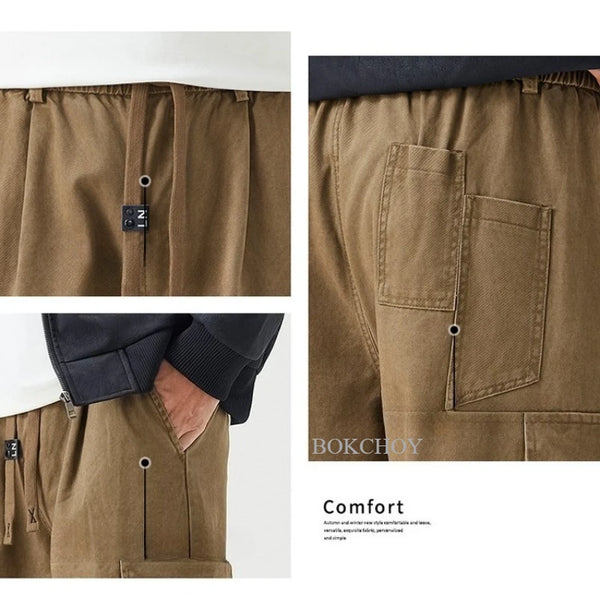 Autumn New Cargo Loose Multi-pockets 100% Cotton Straight Pants for Men Clothing Comfort Zipper Male Trouser GF258113