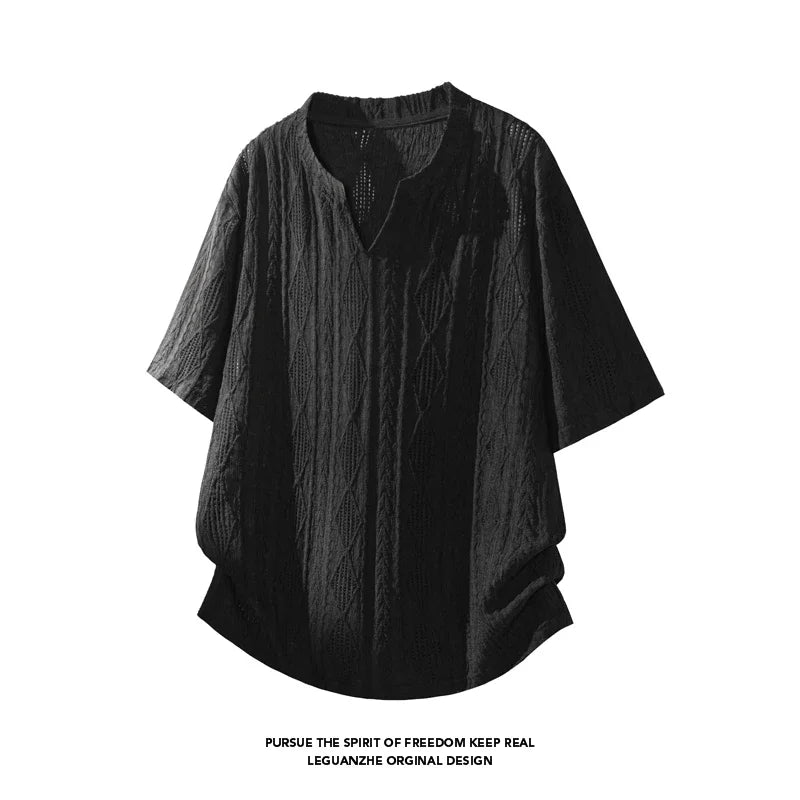 Men Casual Henley V Neck Short Sleeve Top Hollow Jacquard Weave Breathable Cloth For Street Daily Matching Scenarios