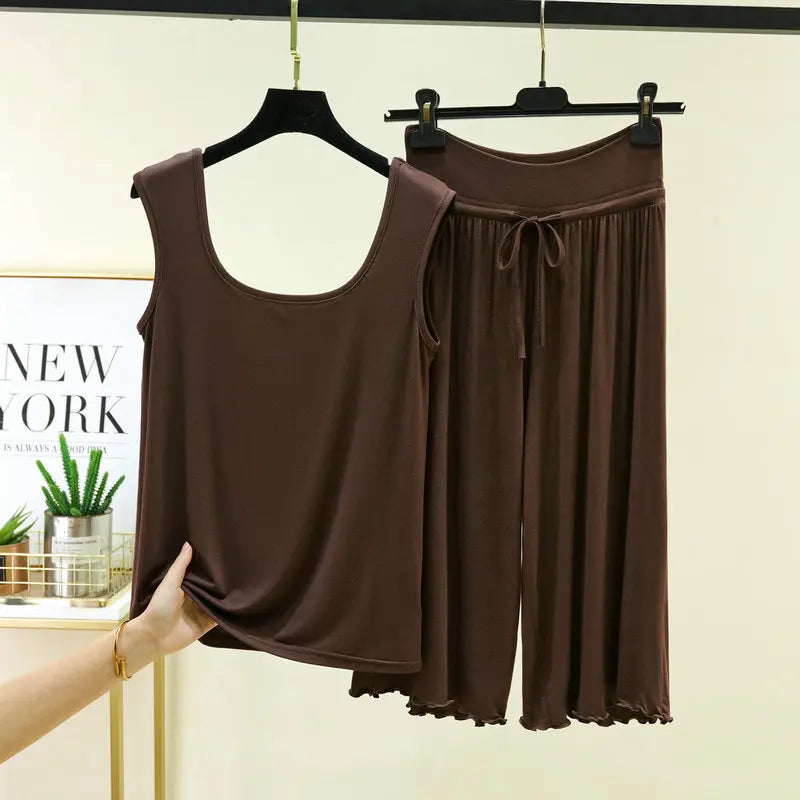 Plus Size Modal Sleepwear Home Clothes Double U-neck Vest Loose Cropped Pants Set Drawstring Lace-up Women's Pajamas M-6XL