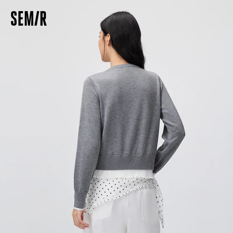 Semir Women Cardigan Short Contrast Patchwork Faux Two Piece Ruffle Trim Soft Casual Autumn Knitwear Daily Wear 2026