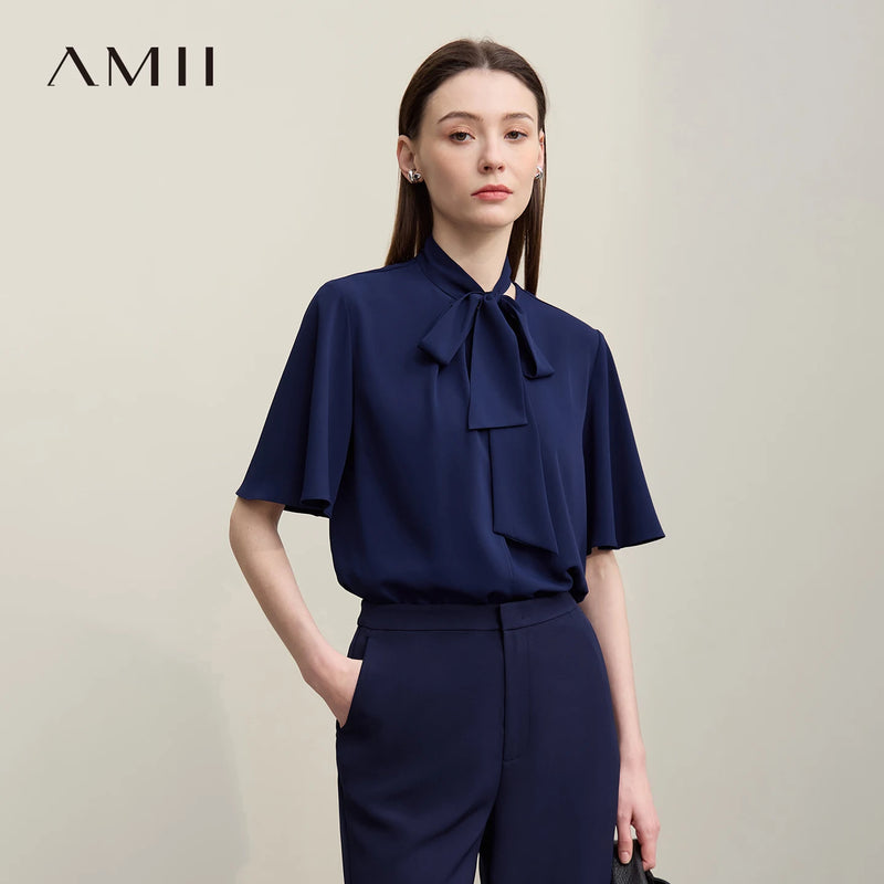 Amii Women's Blouse 2026 Summer New Tie Neck Flare Sleeve Flowy Pullover Top Women Elegant Loose Elegant Chiffon Shirt 12642081