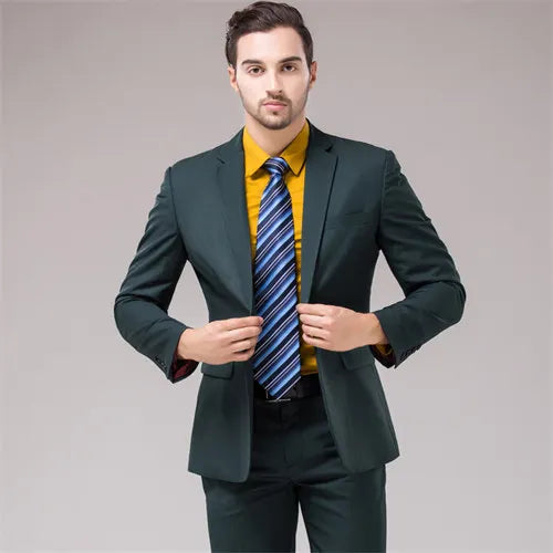 Men's Dark Green Suit Two-Piece, Asian Sizes Slim Dress Jacket and Pants,Wedding / Party Blazer Coat+Trousers Red Blue Black