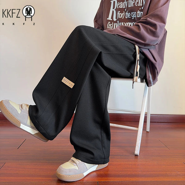Mens Waffle Knit Wide Leg Bottoms Elastic Drawstring Waist Small Label Ornament Relax Cut Daily Street Casual Pants