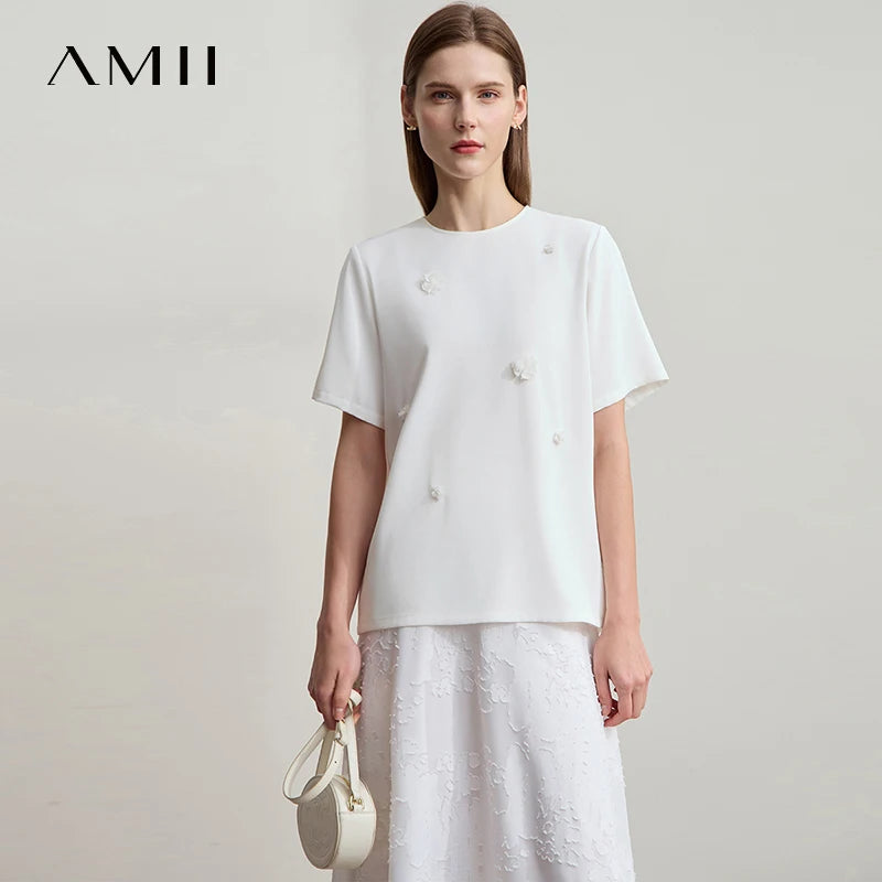 អាវធំ Amii សម្រាប់នារី ម៉ូដថ្មី កអាវរាងអក្សរ O រាងផ្កាបីវិមាត្រ ដៃខ្លី រលុង រចនាបទសាមញ្ញ 12552027