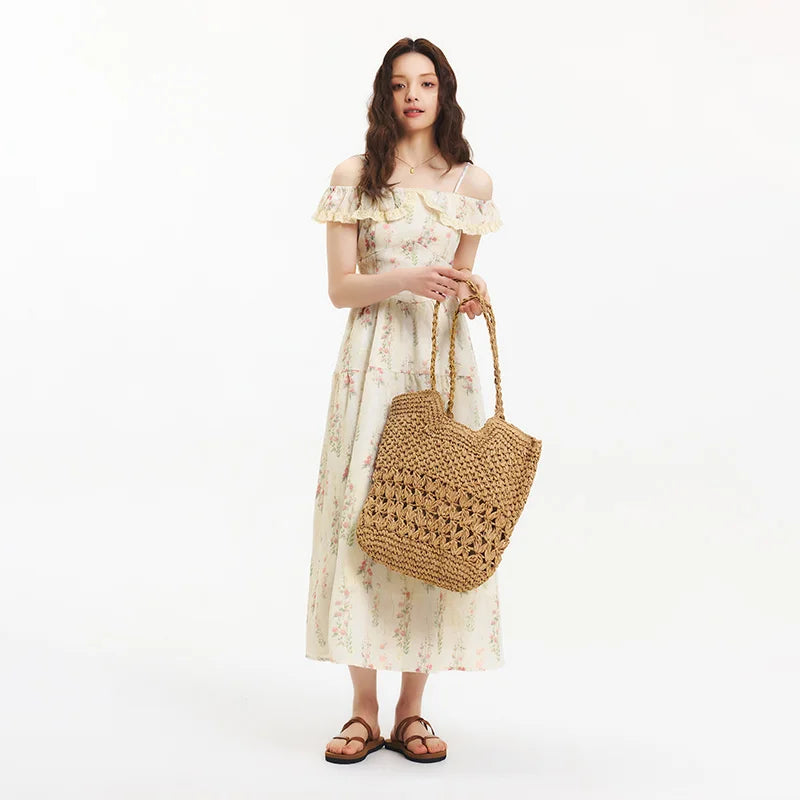 Semir Dress Women Floral Print Country Style Vacation 2025 New Summer Ruffled Waist-Cinching Strappy Dress Chic Looks