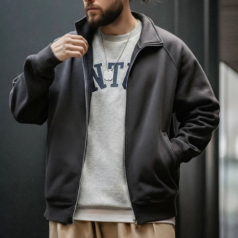 Maden Casual Polar Fleece Cardigan Sweatshirt Stand-up Collar Sports Zipper Jacket Warm Versatile Coat for Men's Fall and Winter