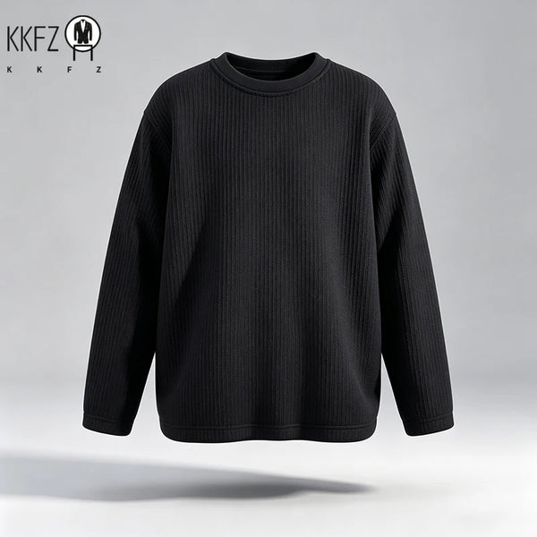 Mens Oversized Crew Neck Knit Top Vertical Ribbed Fabric Long Sleeve Relax Cut Daily Casual Wear Shirt
